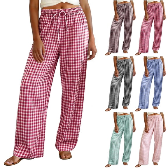 GEWSEY Womens Wide Leg Striped Plaid Pants Casual Barrel Loose Drawstring Low Waist Palazzo Harem Pants with Pockets (Brown, S)