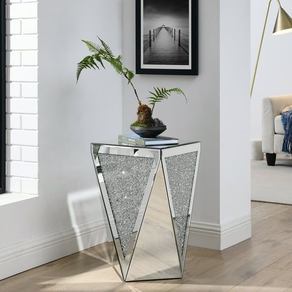 Mirrored Desk And Chair , American Style, For Living Room, 13.97x13.97x23.18 In Silver End Table, Elegant Design, No Assembly Required, 13x13x23