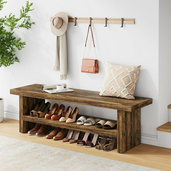 Condemo 2 Tier Entryway Bench, 47.24" Shoe Bench, Rustic Shoe Rack, Wooden Storage Bench for Entryway Hallway Living Room Bedroom, Easy Assembly, Rustic Brown