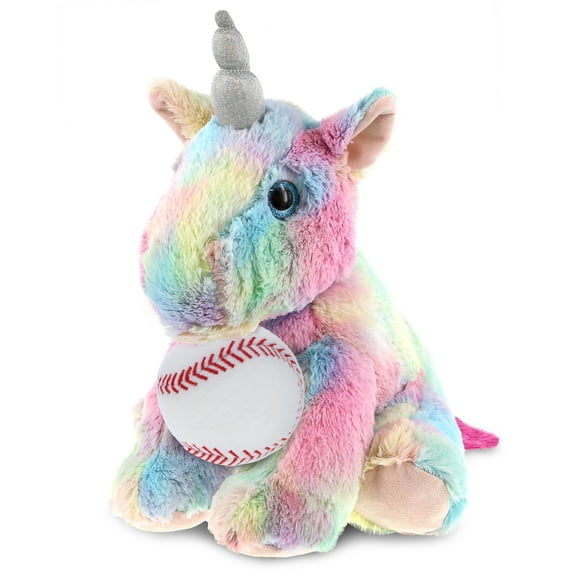 DolliBu Floppy Rainbow Unicorn Stuffed Animal with Baseball Plush - Soft Huggable Unicorn, Playtime Plush Toy, Cute Fantasy Gift, Super Soft Plush Doll Animal Toy for Kids and Adults - 10 Inches
