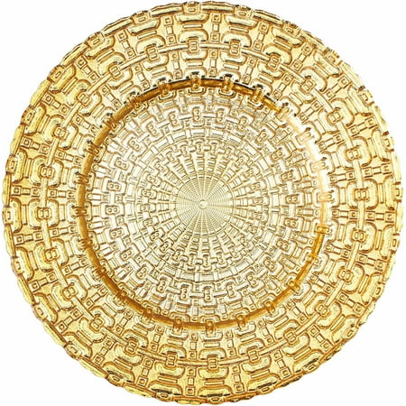 

Simply Elegant Sun Calendar Glass Charger Plate | Service Plate for Parties Dinner Weddings Quinceaneras and Events | 13 inch Diameter | Gold - Gloss Finish | Set of 4