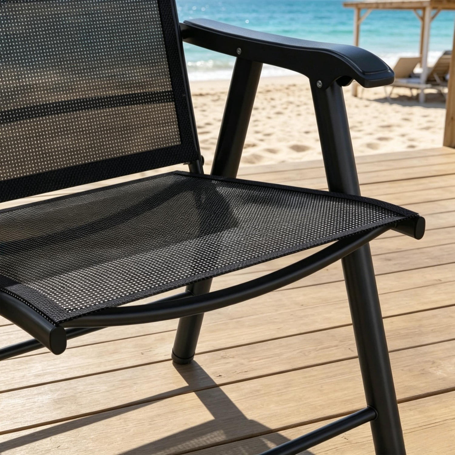 Outdoor Folding Chairs Set of 4, Portable Lawn Chairs with Breathable Sling Mesh, Powder-Coated Steel Frame, Armrests for Camping, Patio, Beach, Events, Black
