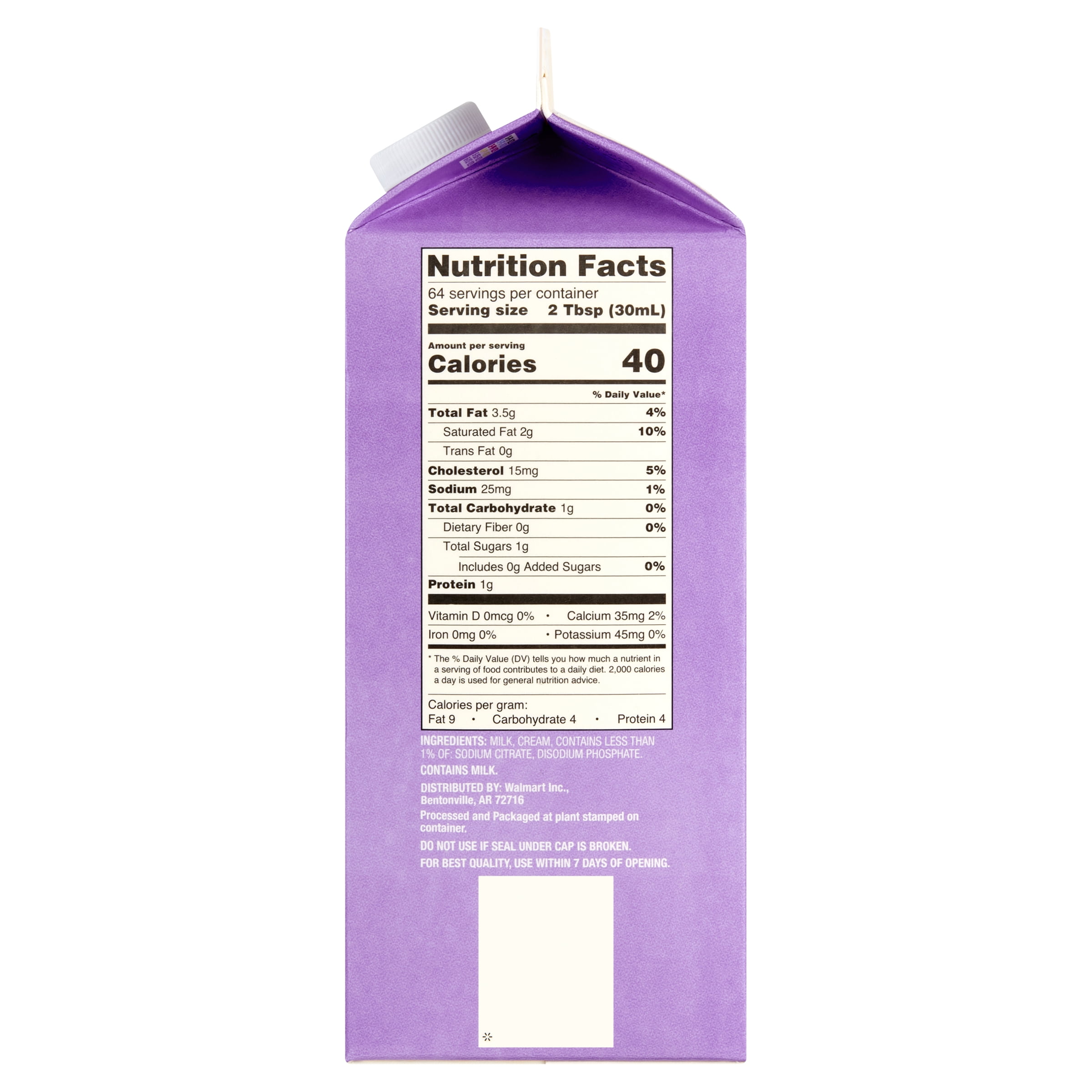 Great Value Half and Half, 64 fl oz Carton