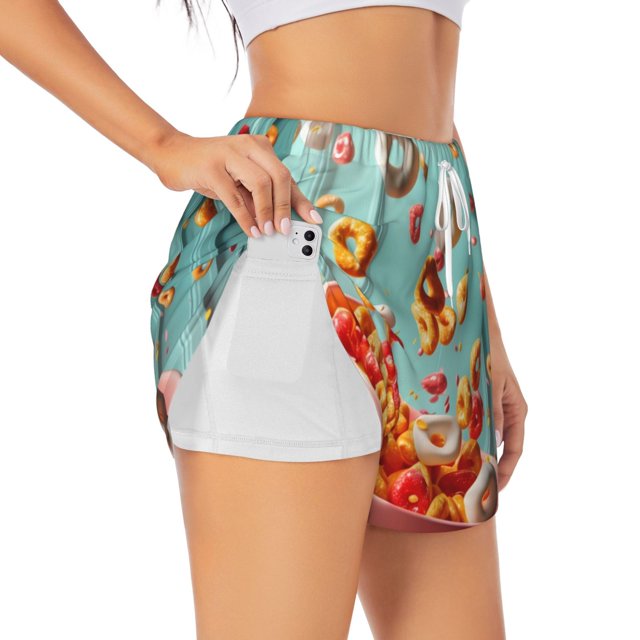 Balery Floating Colorful Cereal Pantalones cortos deportivos para mujer con forro y dos bolsillos, elásticos, para entrenamiento, gimnasio, yoga-Small