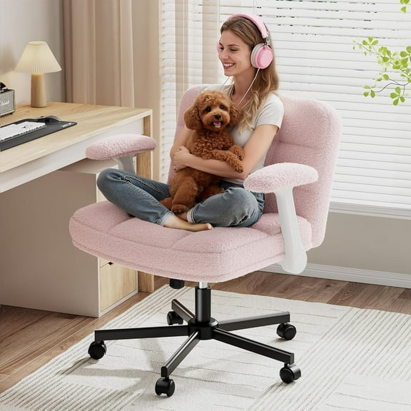 Criss Cross Chair with Wheels and Flip-up Arms, Adjustable Height, Teddy Plush Fabric,Pink, for Bedroom, Home Office, Apartment,Vanity