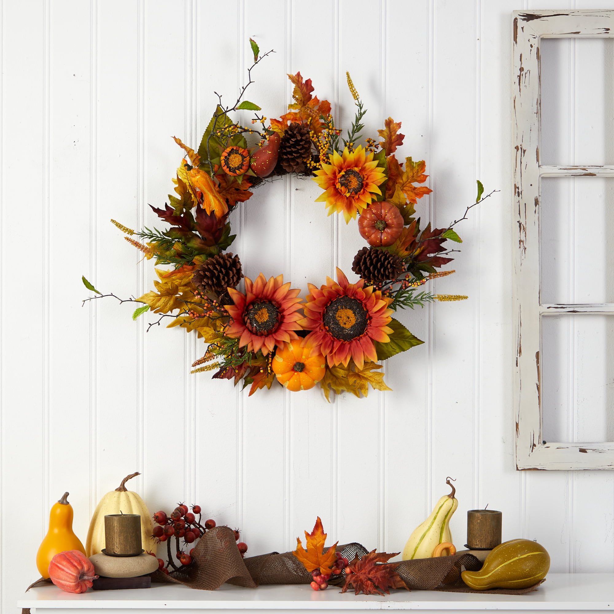 Nearly Natural 24" Fall Sunflower, Pumpkin, Gourds, Pinecone and Berries Autumn Artificial Wreath, Orange