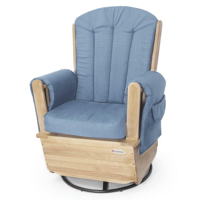 Foundations SafeRocker Standard Glider Nursery Rocking Chair, Wood Base, Storage Pockets, Blue