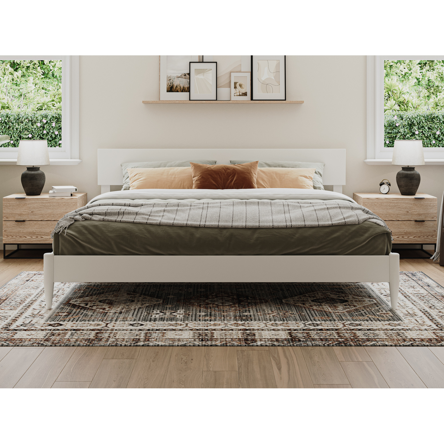 Modern Platform Bed - Solid Wood Low Profile Bed Frame - King Size Bed with USB Ports