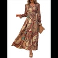 thumbnail image 1 of Vestido Informal de Otoño con Estampado Floral, Escote en V y Corte A para Mujer, Larga, Estilo Marrón S, 1 of 9