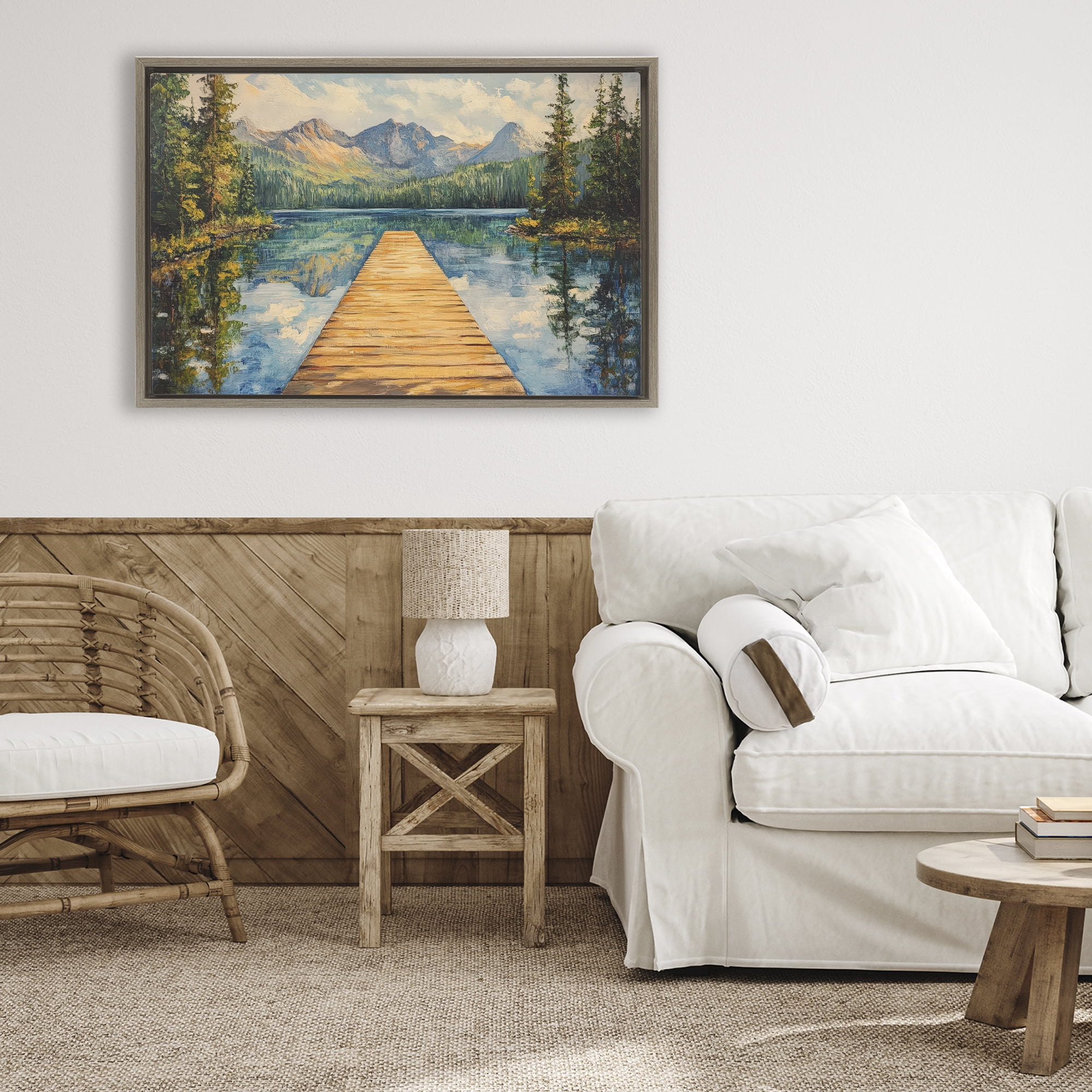 Stupell Industries Dock in The Mountains Brown Framed Floater Canvas Wall Art, design by Petal Prints Design