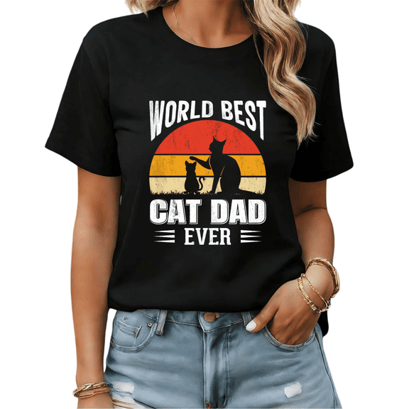 Black World Best Cat Dad Print Tshirt Graphic Tees Shirts Fathers Day S-5XL Tops