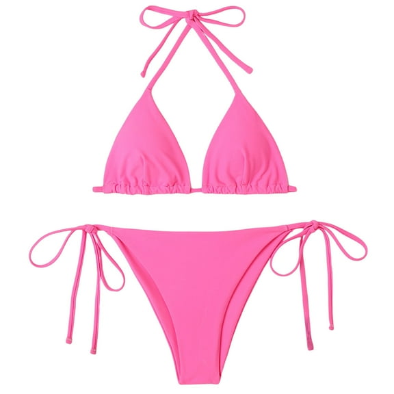 MSJUHEG Summer Swimsuit,Bikini Tops Full Coverage Bottoms,Tie Back Bathing Suit,Bralette Bikini Set,Bikinis Set,Boho Swimsuits for Women,High Waisted Bikini Sets for Women Hot Pink L
