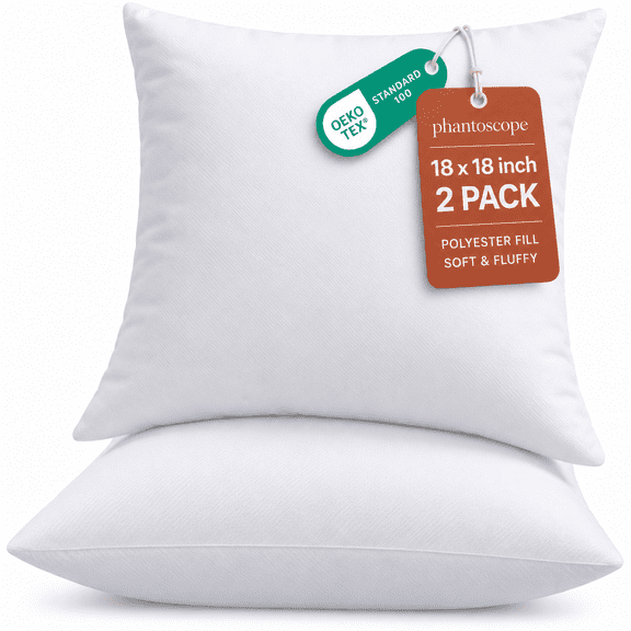 Phantoscope Throw Pillow Inserts, 18 x 18 inch, 2 Pack, Hypoallergenic Polyester Square Pillow Forms for Couch and Bed