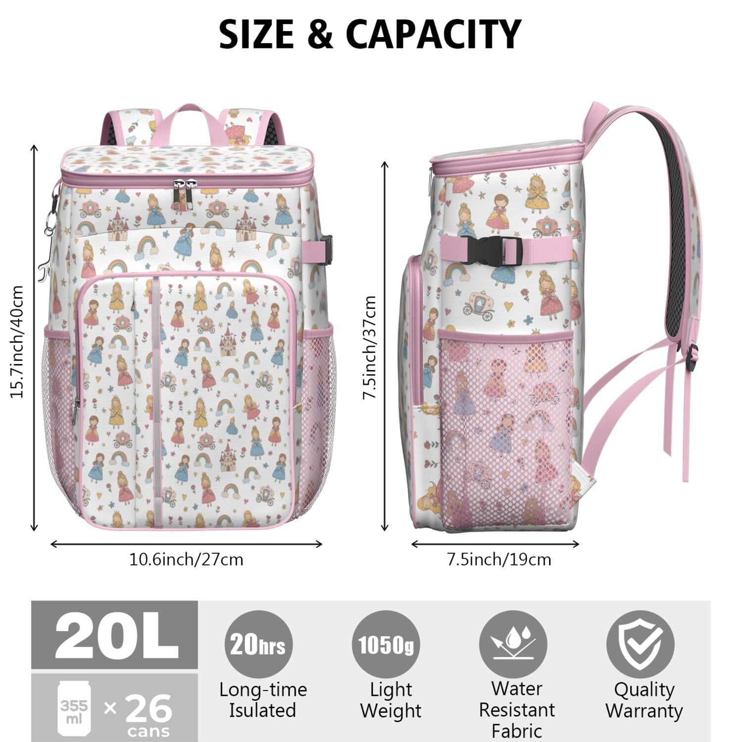 Travel Cooler Bag - White Princess Castle Pattern Camping Beer Cooler Backpack with Bottle Opener- Waterproof Insulated Picnic Backpacks - Cooler Bag for Beach