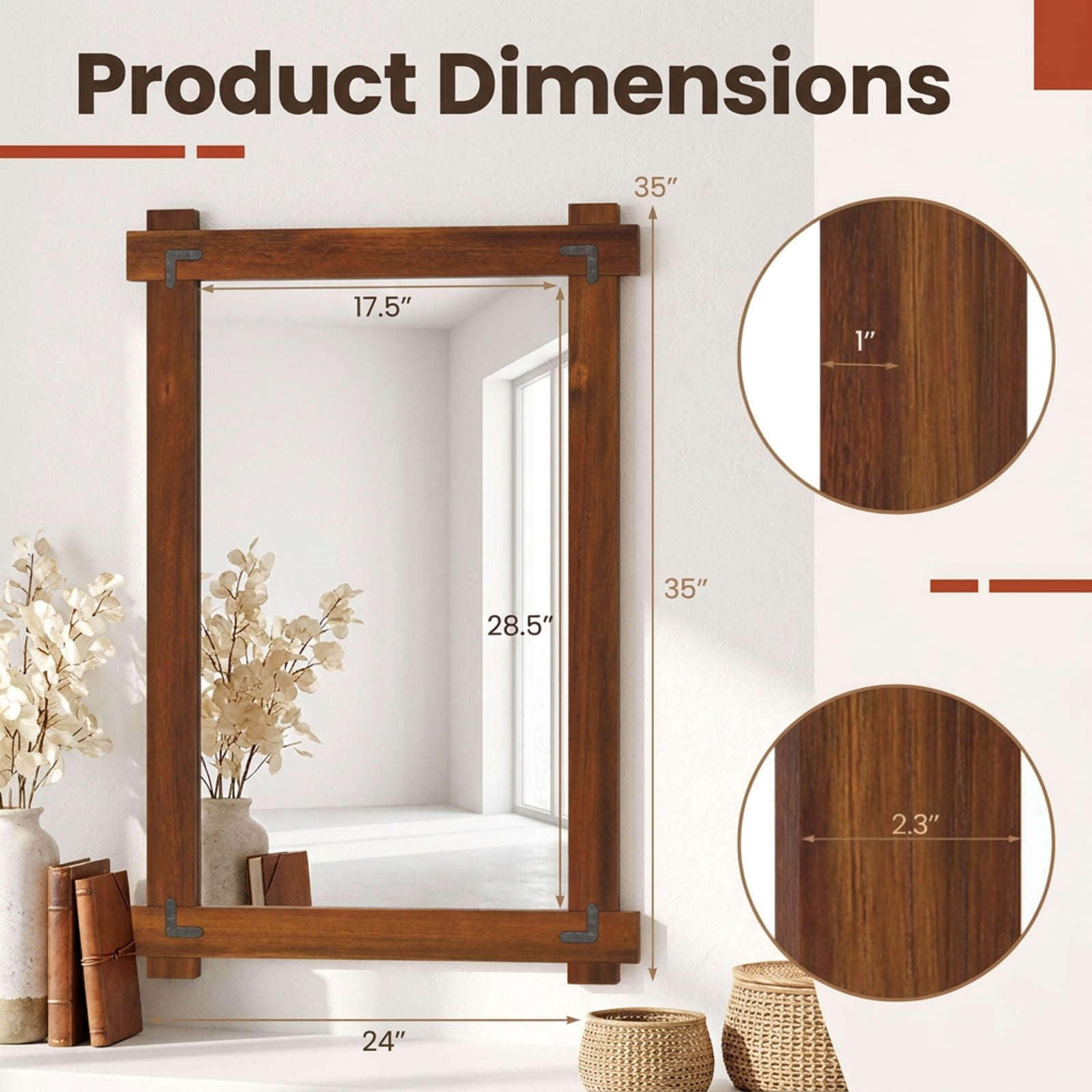 Vebreda Bathroom Wall Mirror, Wood Framed Mirror with Acacia Wood Frame and Vintage Rivet Design Brown, Ample Storage, Zero Clutter