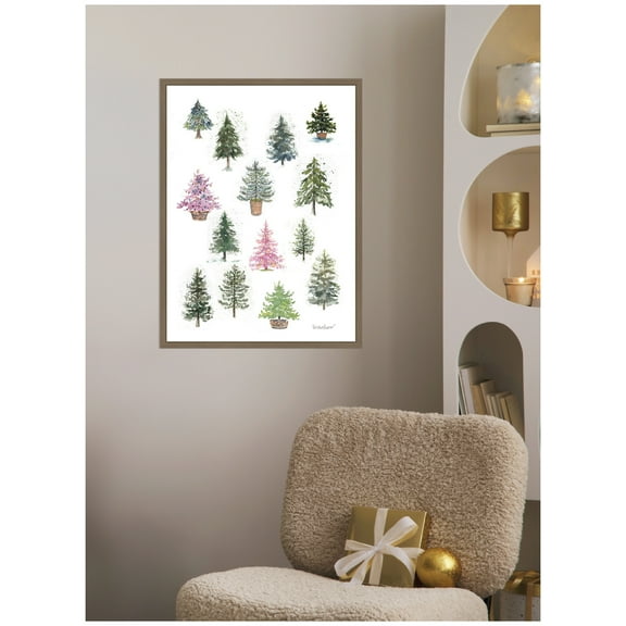 Kate and Laurel Framed Canvas Wall Art Print '12 Tiny Holiday Trees' by Patricia Shaw, 18 x 24 Sylvie Dark Gold Frame, Whimsical, Holiday Art for Wall Decor