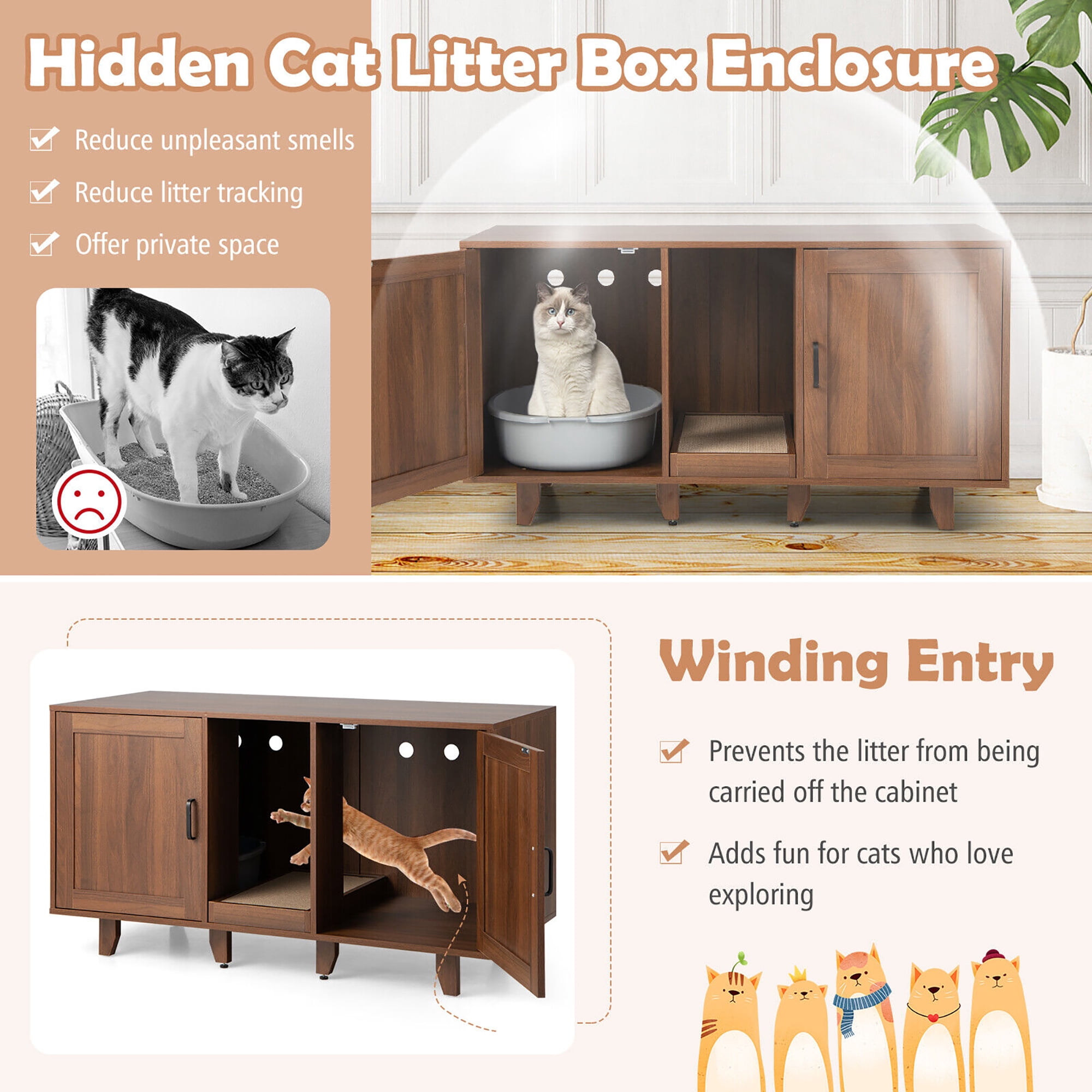 Gymax Cat Litter Box Enclosure Hidden Cat Washroom w/ 2 Doors Coffee Patented