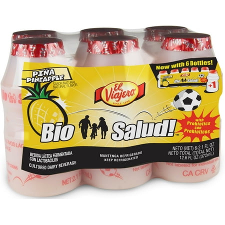 El Viajero BioSalud! Pineapple Cultured Dairy Beverage, 2.1 fl oz, 6 Count Bottles