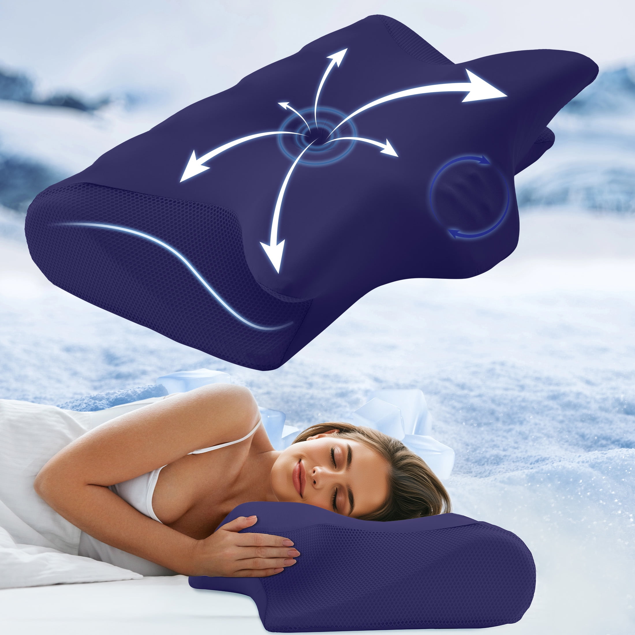 Vccoem Cervical Pillow for Neck Pain Relief, Ergonomic Hollow Design, Odorless Memory Foam Pillow for Sleeping, Orthopedic Contour Neck Support Pillows with Additional Pillowcase, Dark Blue