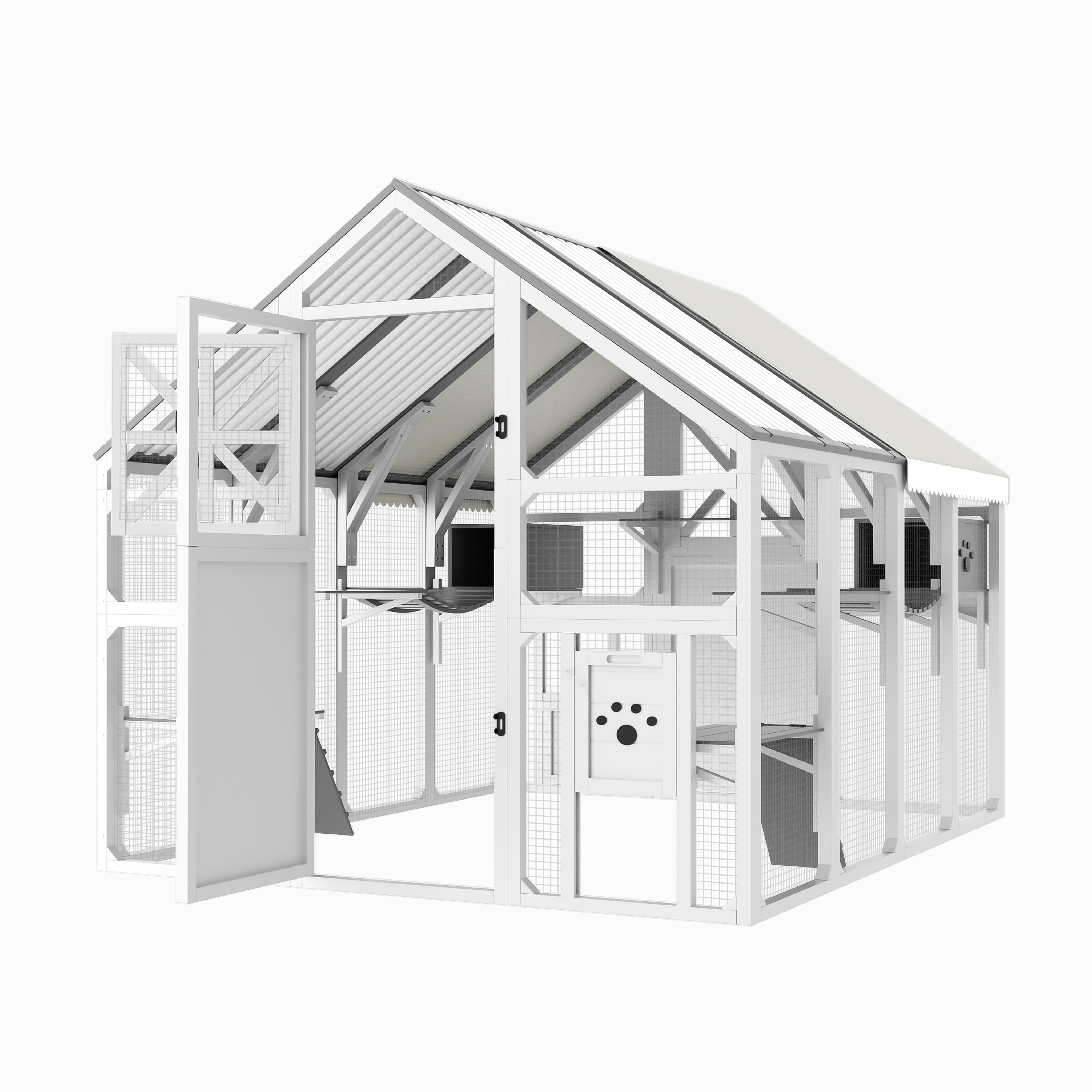 YIORTWO XL Outdoor Catio with Cooling PVC Roof, Insulated Wooden Cat Enclosure for Multiple Cats, Walk-in Cat House with 8 Platforms, Bridges & Waterproof Cover, White