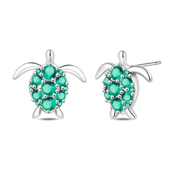 KUNSIR 925 Sterling Silver Green CZ Sea Turtle Stud Earrings Women Jewelry Gifts