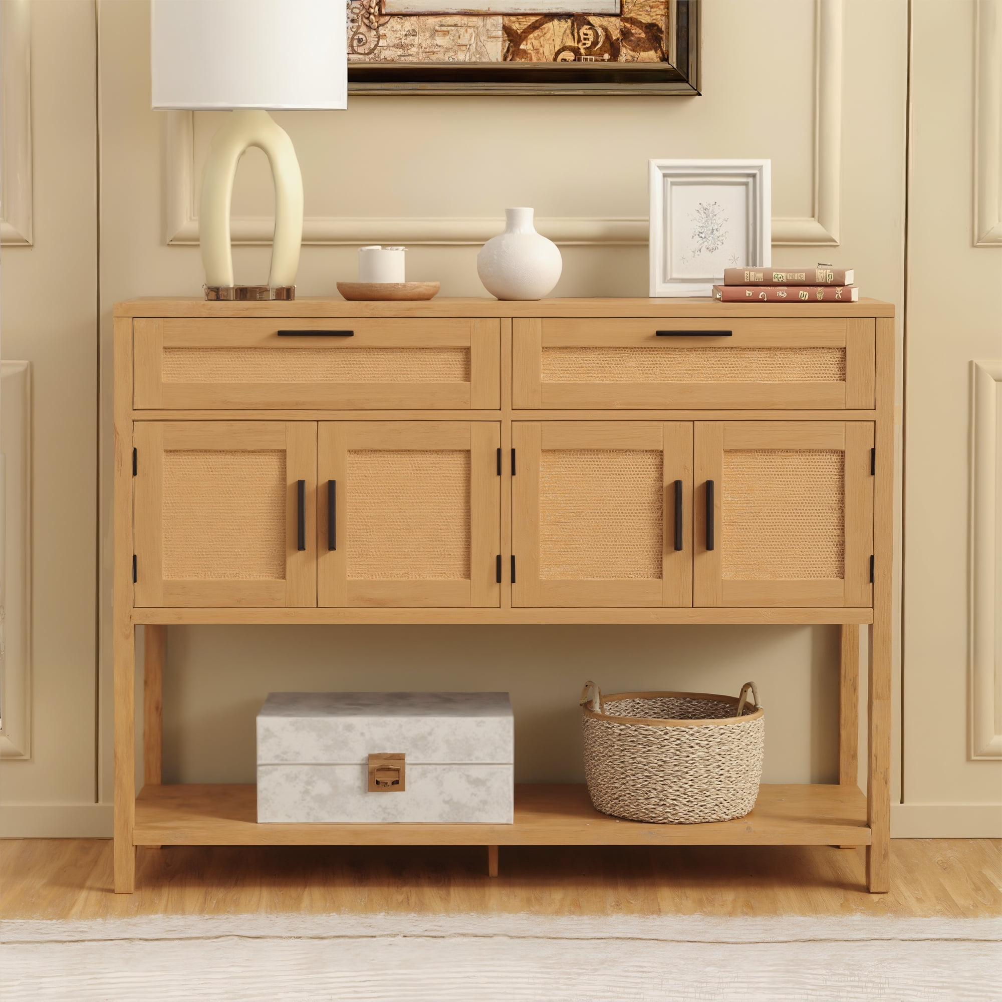 Vabches 47.2" W Rattan Console Table with 2 Drawer, Entryway Tables with 4 Doors and Open Storage Shelf, Sofa Table for Living Room Foyer Hallway Dining