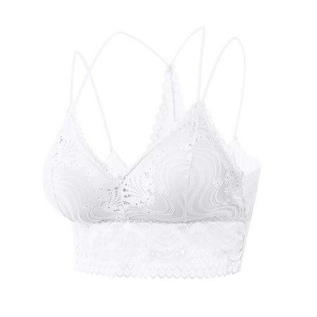 APEXFWDT Women Wirefree Bralette Cross Strap Sports Bra Lace Trim Seamless Crop Top Lightweight Lounge Bra for Pilates Casual Outfits XL White