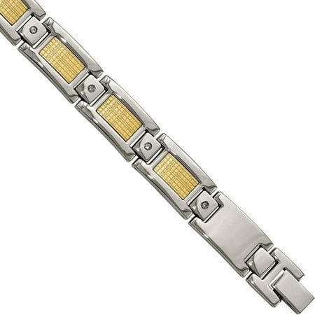 Primal Steel Stainless Steel with 18kt Polished Textured Diamond Link Bracelet