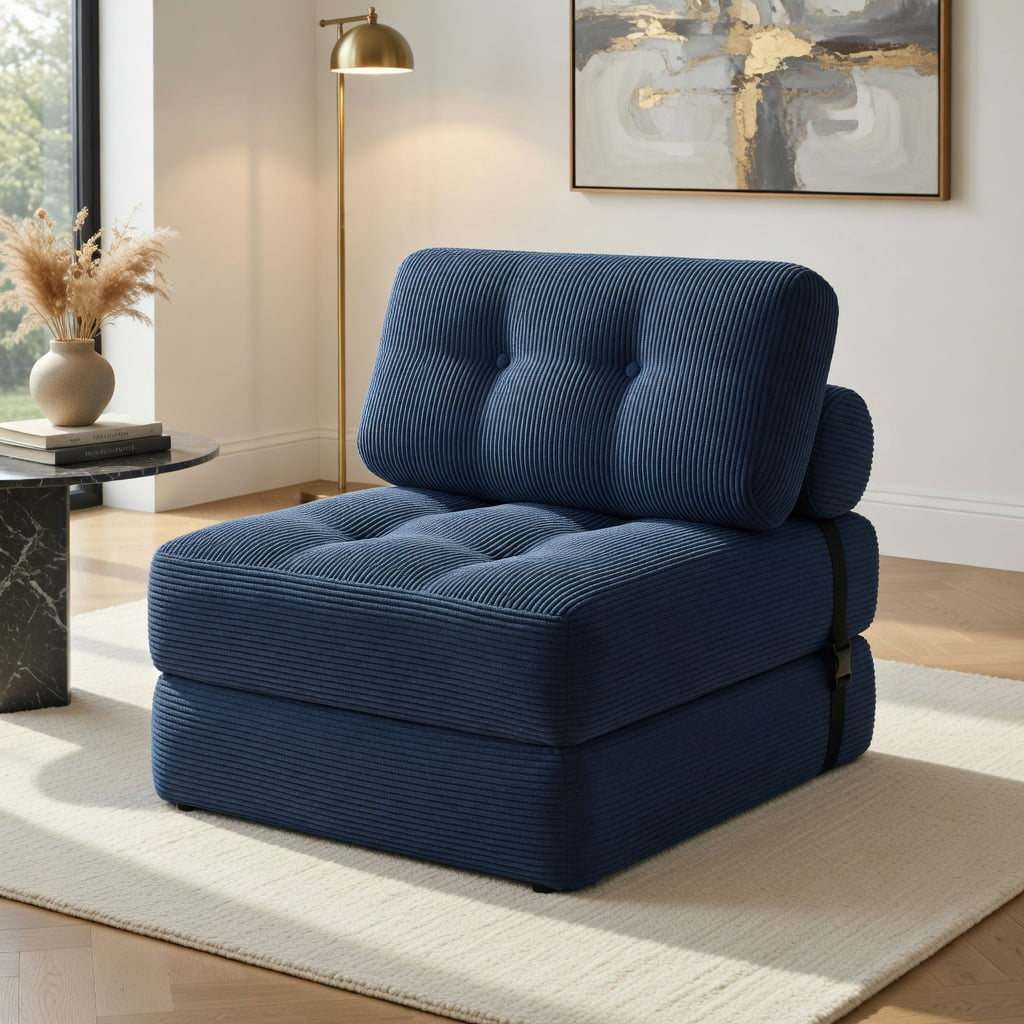 Hommoo Convertible Corduroy Folding Sofa Bed, 3-in-1 Living Room Sleeper with Back Support & Pillow, Navy Blue