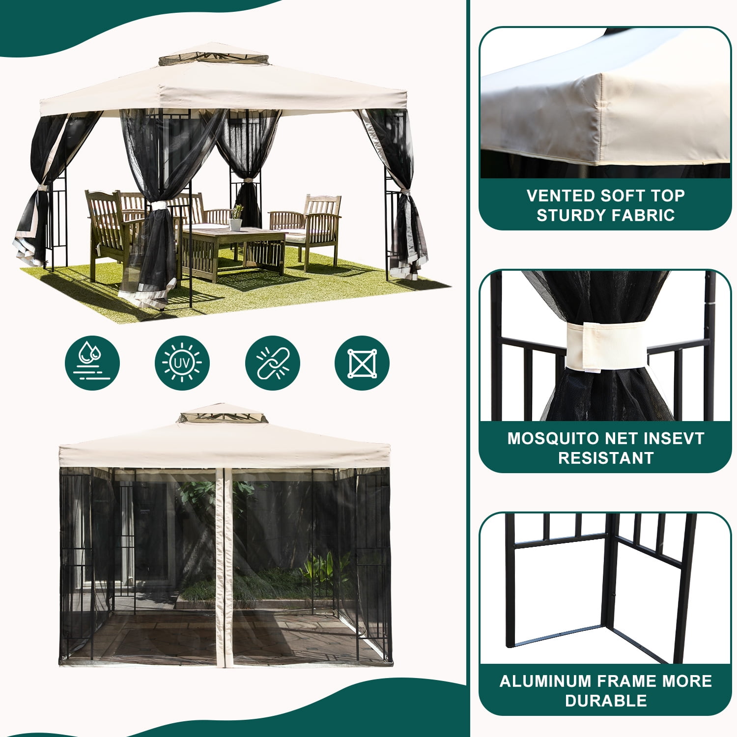 IULULU 10’ x 10’ Double-Vented Mosquito Netting Gazebo, Premium Powder-Coated Steel Frame