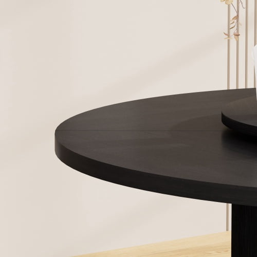 55-Inch Round Black Dining Table for 6 with Rotating Tray & Double-Tier Storage, Wooden Wavy-Striped Sliding Doors, Modern Farmhouse Style