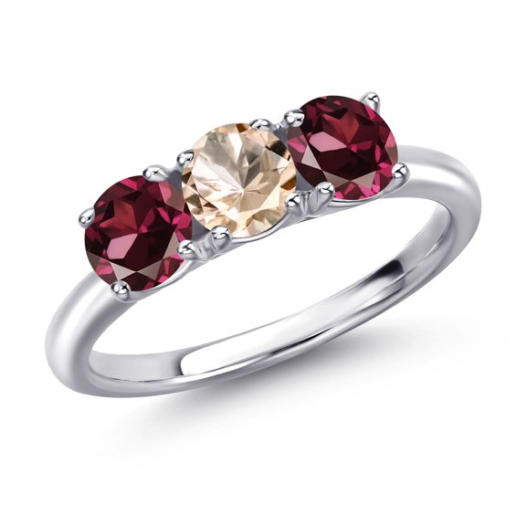Gem Stone King 925 Sterling Silver Peach Morganite and Red Rhodolite Garnet Engagement Ring for Women | 1.60 Cttw | Round 5MM | Gemstone October Birthstone | Size 9