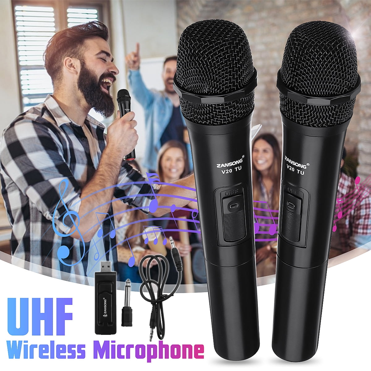 professional uhf dual microphone system, 2-channels handheld for indoor home outdoor ktv party speakers