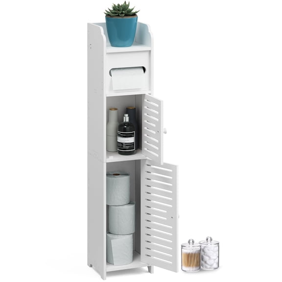 Nestl Bathroom Storage Organizer - Floor Standing with Shelves - Includes 2 Apothecary Jars - Tall Bathroom Storage Cabinet for Toilet Paper, Towel & Other Bathroom Storage Accessories - White