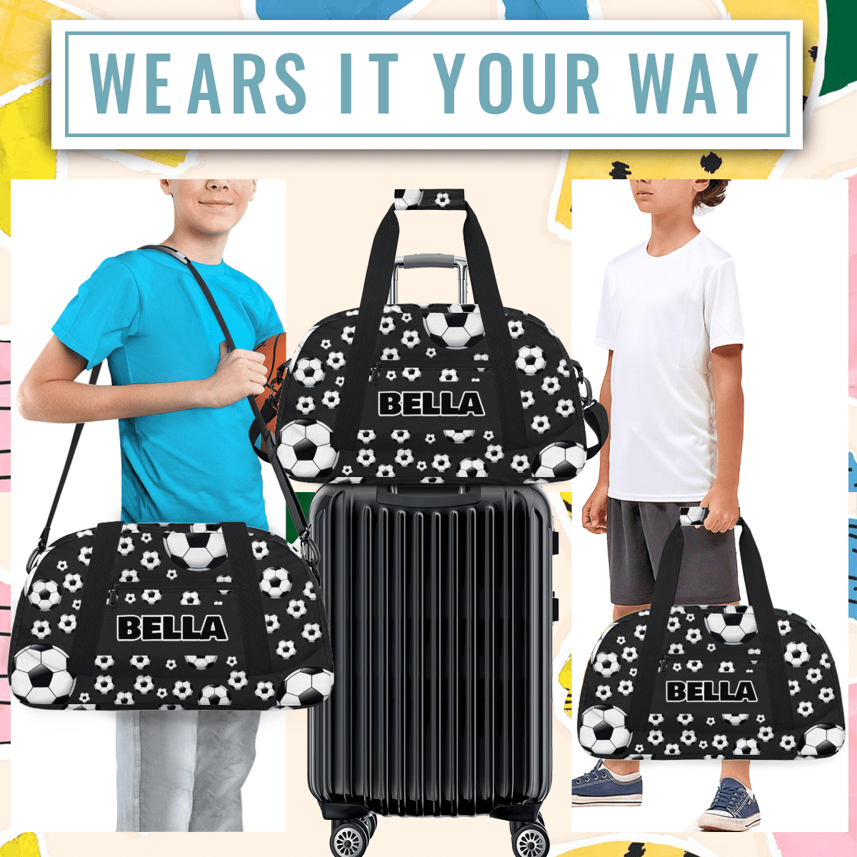 Herdesigns Personalized Soccer Gym Bag Sport Duffel Bag With Name, Custom Sport Bags Weekender Overnight Bags Carry On Weekender Bag Travel Bags, Black