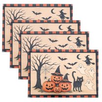 4pcs Halloween Placemats, 12x18 inch Washable Non-Slip Linen Pumpkin Ghost Table Mats Heat-Resistant Spooky Themed Dinner Place Mats Tablemats for Holiday Party Kitchen Dinnerware Dining Decor