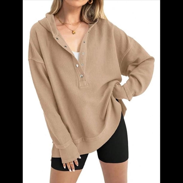Sudadera con Capucha de Larga Extragrande para Mujer, Cuello en V, Botones y Abertura Lateral, Estilo Informal. Caqui L