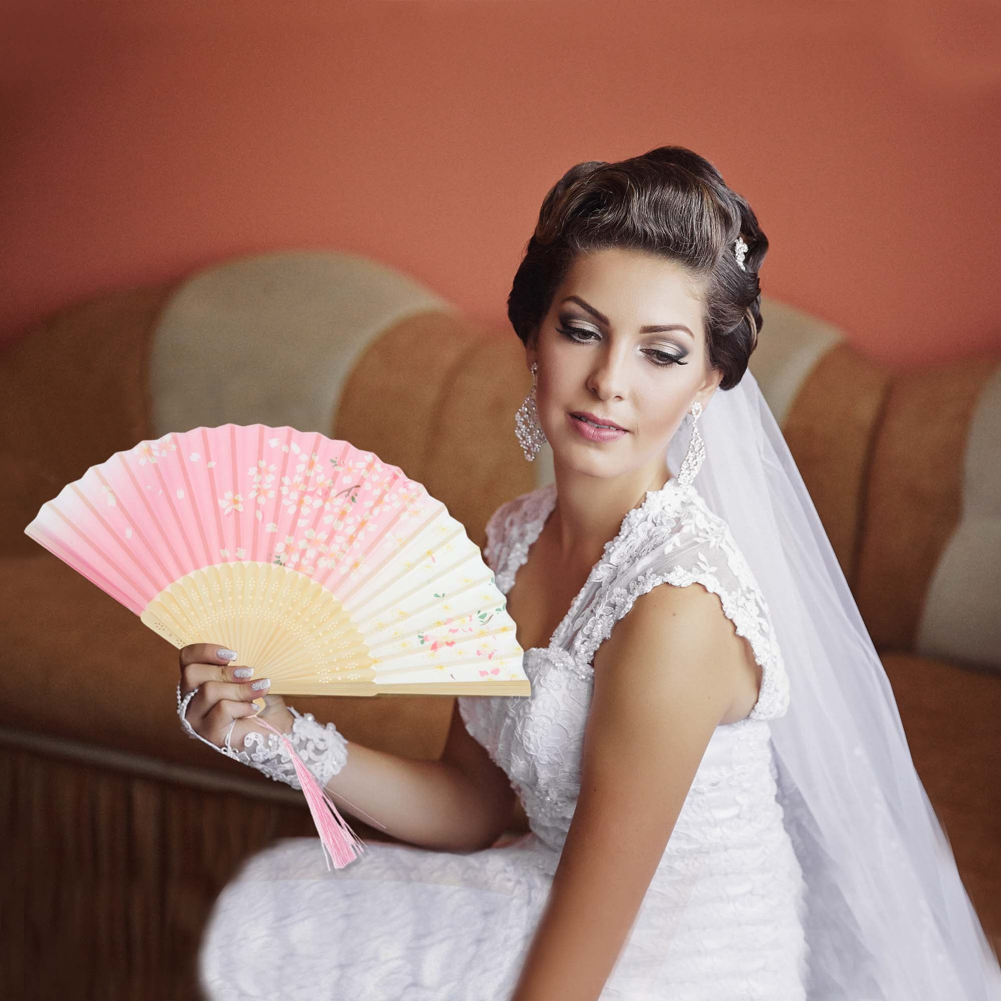 Unique Bargains Ancient Style Folding Fan 1Pc Pink White [Floral Butterfly]