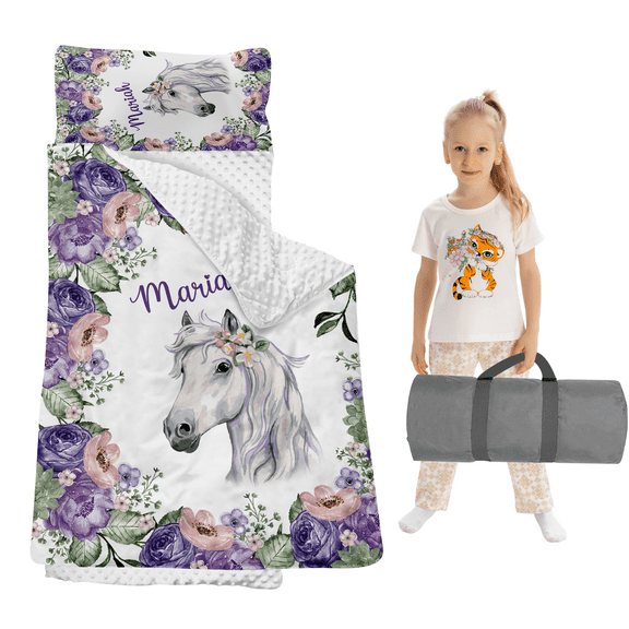 Gresahom Personalized Preschool Nap Mat for Toddler, Kids Sleeping Bag with Pillow and Blanket, Purple Flowers Horse Sleeping Mat for Daycare Girls and Boys, Easy Carry and Storage