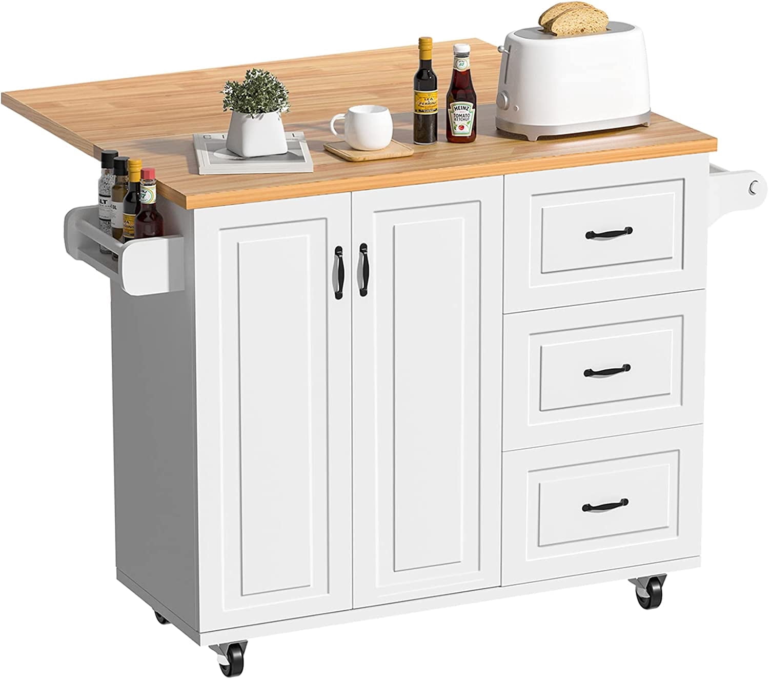 DreamCurship Kitchen Island on Wheels, Drop Leaf Kitchen Island Cart with Storage, Wood Countertop, Lockable Casters, White