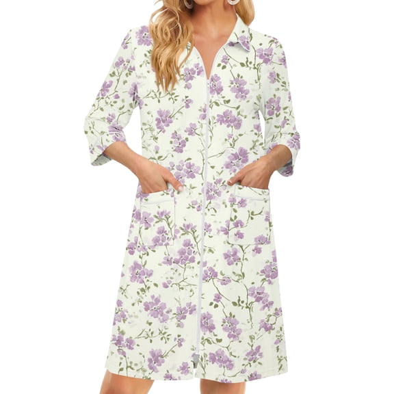 Zipper Robes for Women Lightweight Soft Summer Bathrobes for Women Zipper Front 3/4 Length Sleeve Knee Length Vintage Floral Print Loose Fit Sleepwear Nightgown with Pockets Purple M