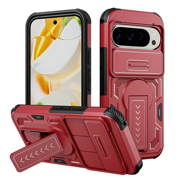 Rugged Phone Case for Google Pixel 10 / Pixel 10 Pro, Military Grade Shockproof Cover with Sliding Camera Lens Protector, 2-Way Kickstand, Anti-Slip, Heavy Duty Full-Body Drop Protection,Red