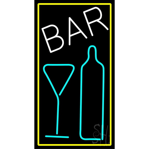 Cursive Bar With Wine Bottle And Glass LED Neon Sign 20 x 37 - inches, Clear Edge Cut Acrylic Backing, with Dimmer - Bright and Premium built indoor LED Neon Sign for Bar decor.
