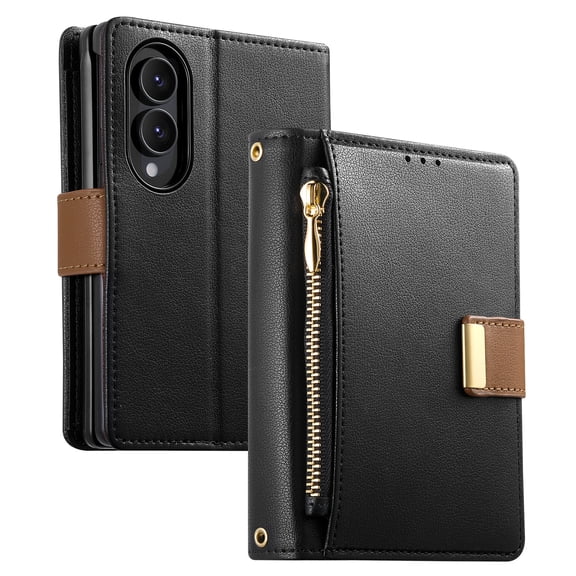 Magcova for Samsung Galaxy Z Fold 8 Case, Zipper Wallet with 4-Card Holder, PU Leather Magnetic Flip Phone Cover,Black