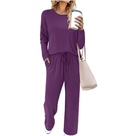 LEWKW Women's Long Sleeve Lounge Sets Crewneck Pullover with Pocket & Drawstring Wide Leg Pants Casual Soft Sleepwear Comfy Pajamas 2 Piece Outfits
