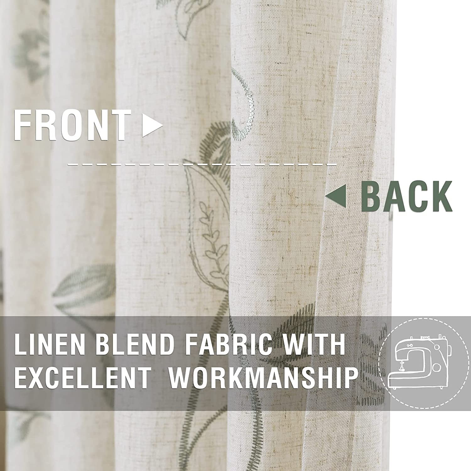 Curtainking Linen Curtains Floral Embroidery Grommet Curtains 50x84 inch for Bedroom 2 Panels Green