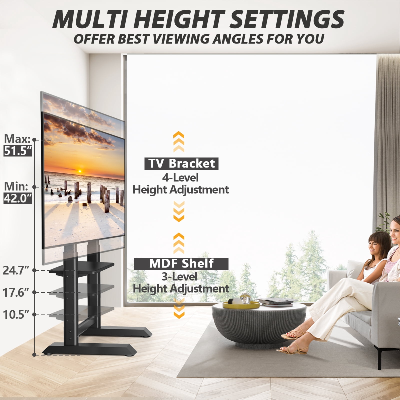 RTVR Rolling Floor TV Cart Stand with Wheels for up to 86 inch Screens, Heavy Duty Conner TV Mount Stand, Black