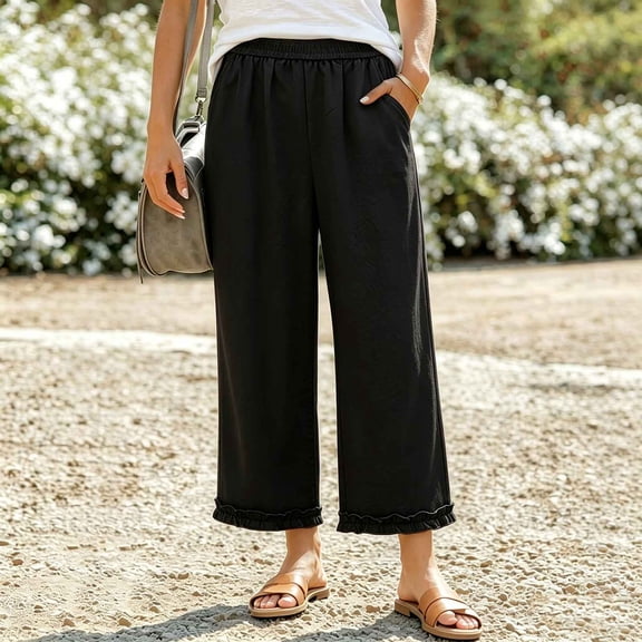 TaTaai Womens Wide Leg Pants Casual Loose Fit Cropped Trousers High Waist Adjustable Drawstring Ruffled Hem Breathable for Beach Holiday Gift