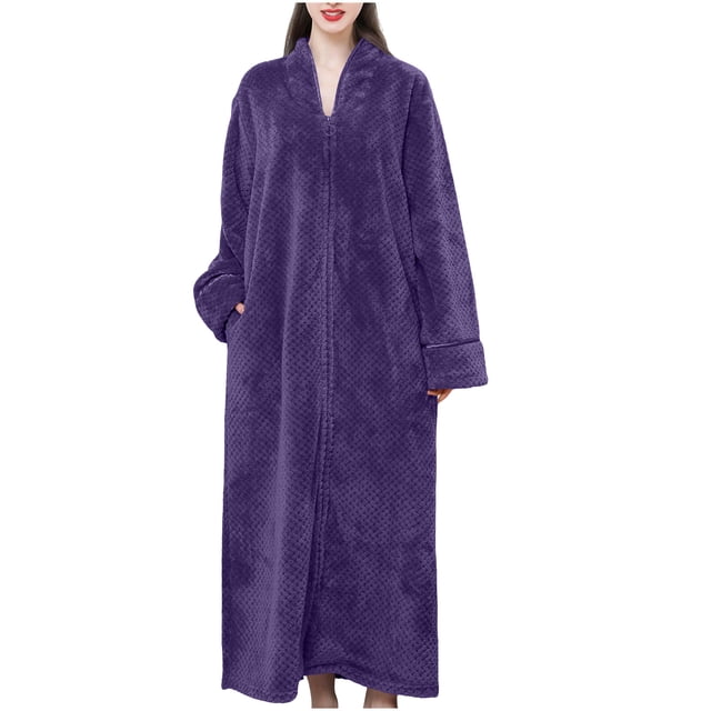 HongQid Womens Fleece Warm Robe: Cozy Flannel Long Zipper Bathrobe - Plush Winter Housecoat Nightgown