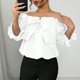 thumbnail image 2 of TaTaai Fashion Solid Color Women Top Ruffle Bow Off Shoulder Short Sleeve Loose Fit Soft Breathable Stretch Daily Lounge Street Casual Wear Blouse Gift, 2 of 7